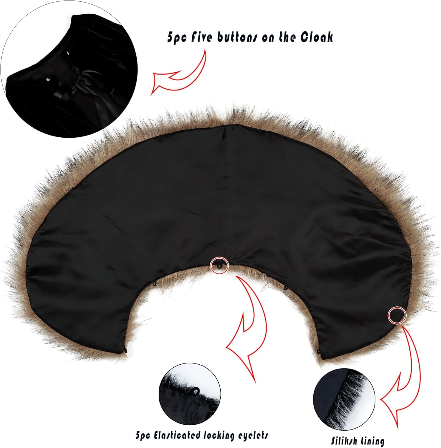 Joukavor Black Velvet Cloak with Detachble Viking Fur Collar Medieval Fur Cape - Image 6