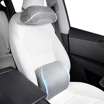 Farmogo Car Headrest Pillow & Lumbar Support Pillow Set for Tesla Model 3/Y/S/X Accessories, Suede Memory Foam Neck & Back Support, Removable Washable Cover - Gray