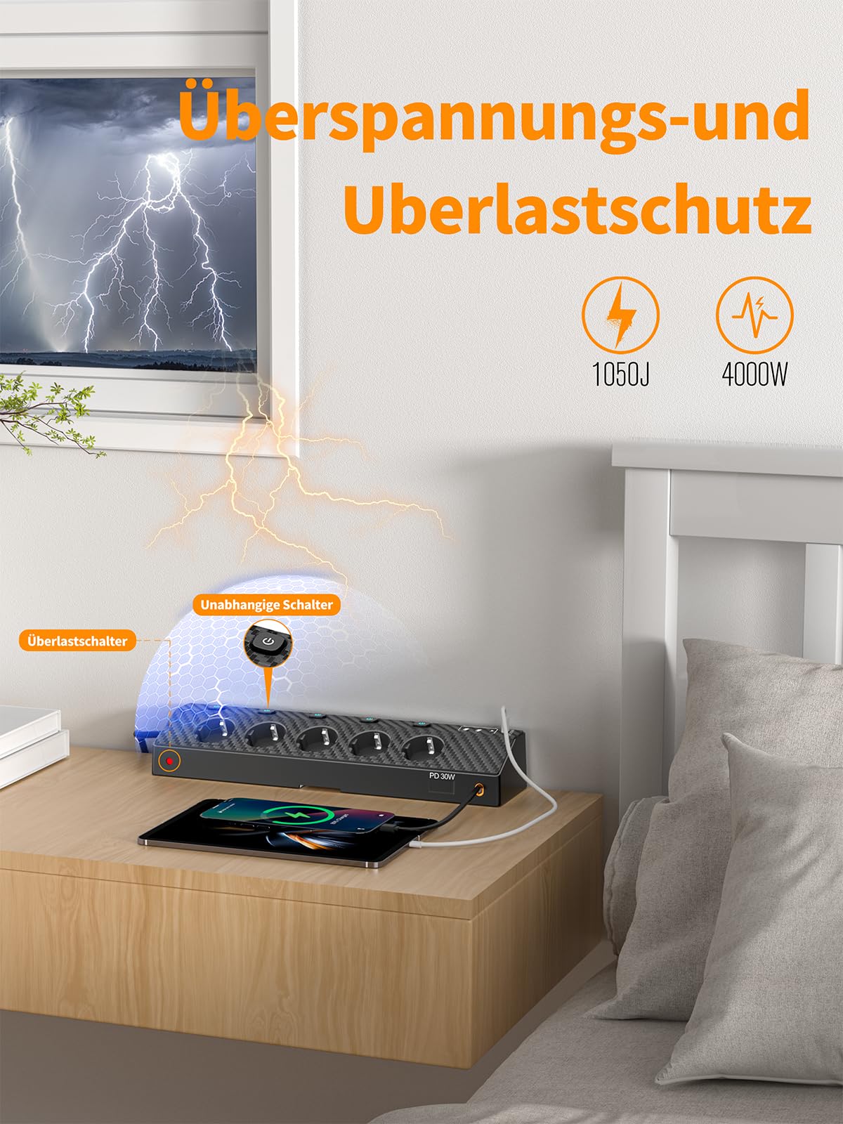Ciabatta Multipresa con USB 30W, Scrivania Elettrica con 5 Prese, Multipresa Protezione Sovratensione con Interruttori Indipendenti e Prolunga Elettrica 2 Metri, 4000W Presa, Nero