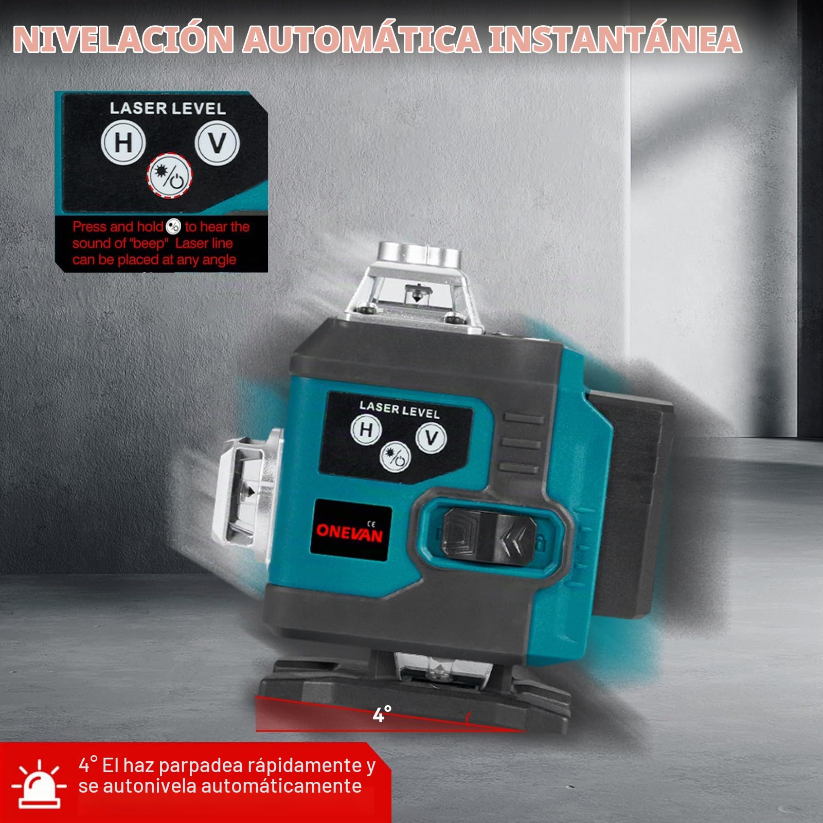 ONEVAN Nivel Láser 4D de 16 Líneas Verdes con Trípode incl. 2x2400mAh | 4x360° Cobertura, 1m Soporte robusto, ±3° Autonivelante, App y Control 15m, Protección IP54, Decoración interior, Pladur
