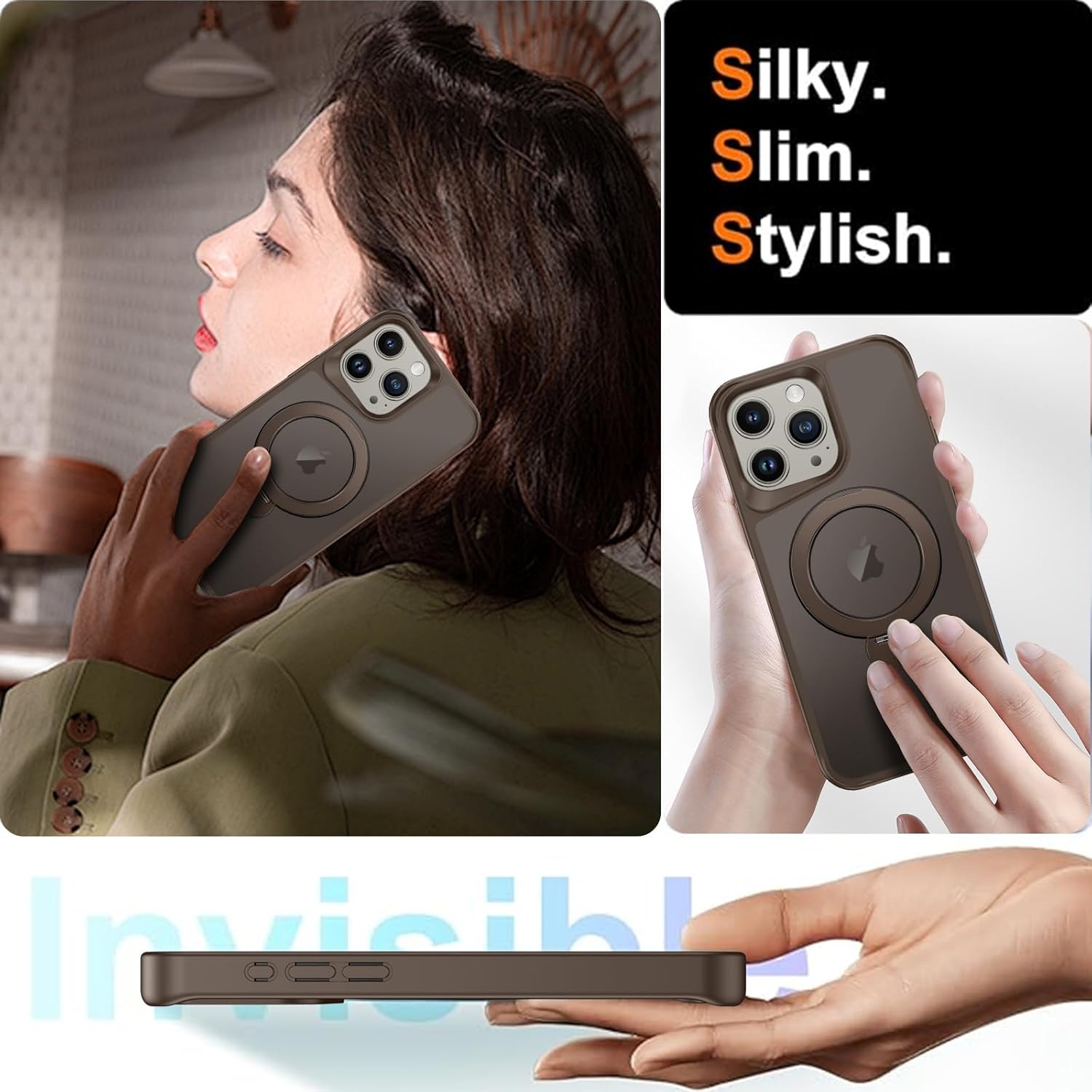 DOMAVER Magnetic Case for iPhone 15 Pro Max 6.7" with 360° Rotatable Stand [Compatible with Mag Safe], Translucent Matte Military Protection Shockpfoof Protective Cover for iPhone 15 Pro Max- Brown - Image 6