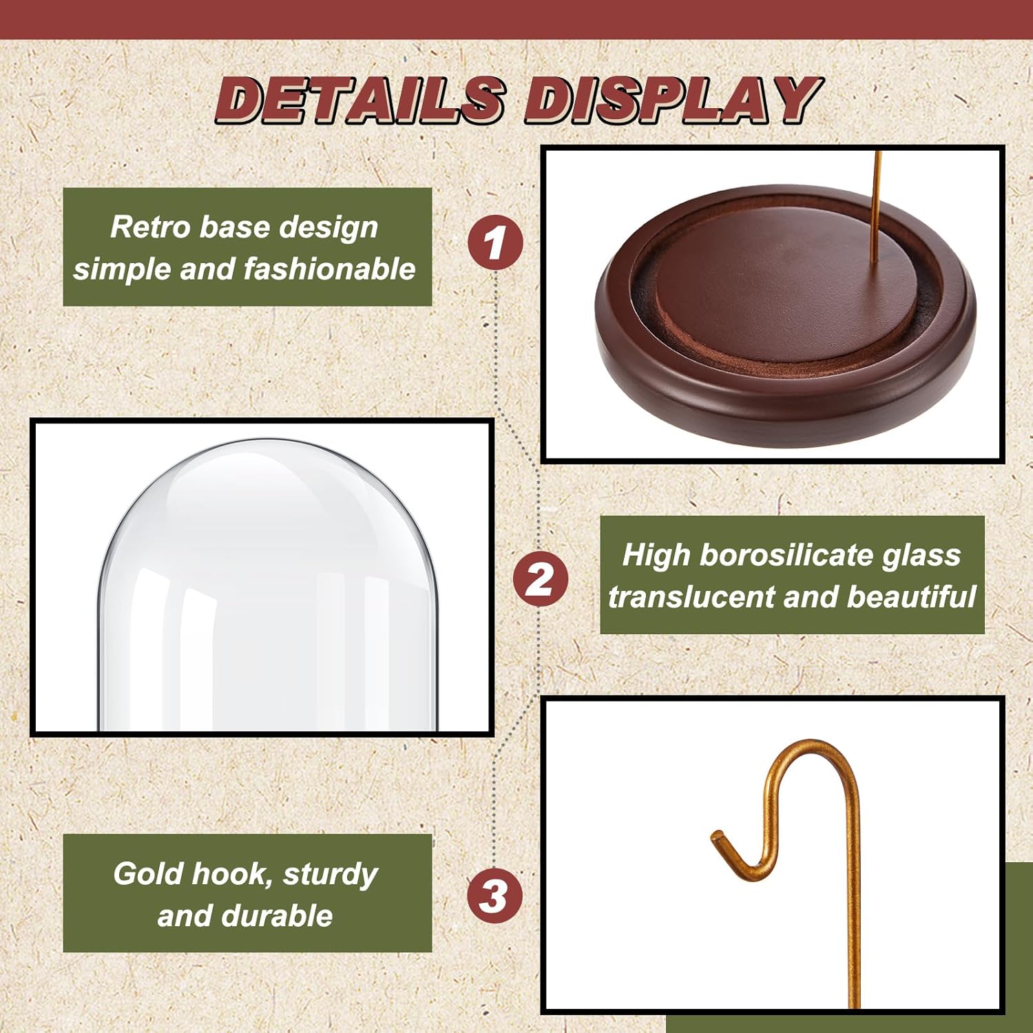 4 Pcs 3" x 4" Watch Ornament Glass Display with Hooks Dome Cloche with Wood Base Decorative Glass Display Dome Showcase for Watch Plants Medals Photos Collectibles Dark MDF Base, Gold Hook