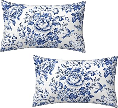 Blue White Chinoiserie Floral Throw Pillow Covers 12x20 Set of 2 Farmhouse Decorative Lumbar Pillow Cases Home Decor