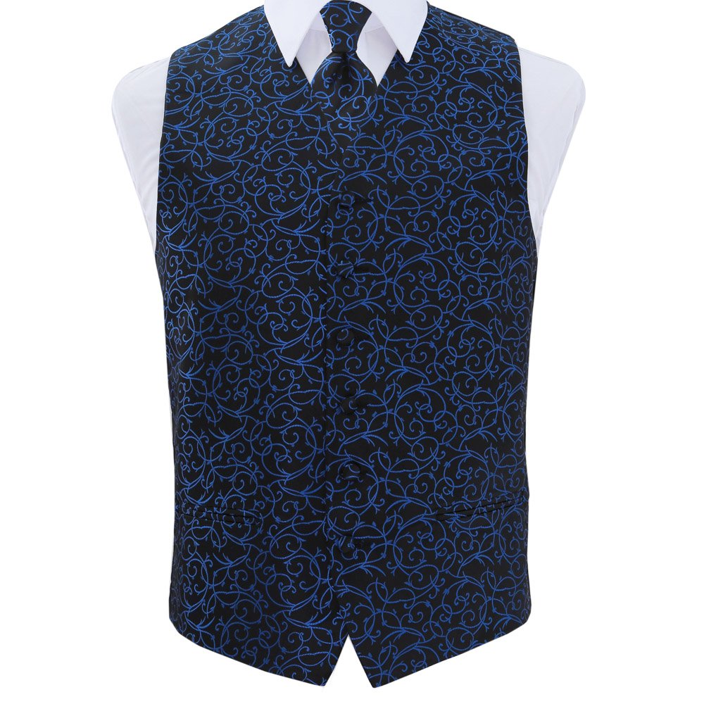 Dqt Men's Black And Blue Swirl Floral Jacquard Waistcoat & Tie Set (2Pc) - Wedding, Business & Formal - 38" (M)