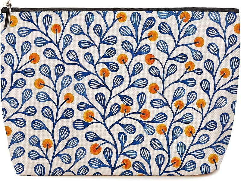 Necessaire de maquiagem Lovdazzles Blue Foliage com zíper, estampa floral, 25,4 x 17,78 x 5,08 cm
