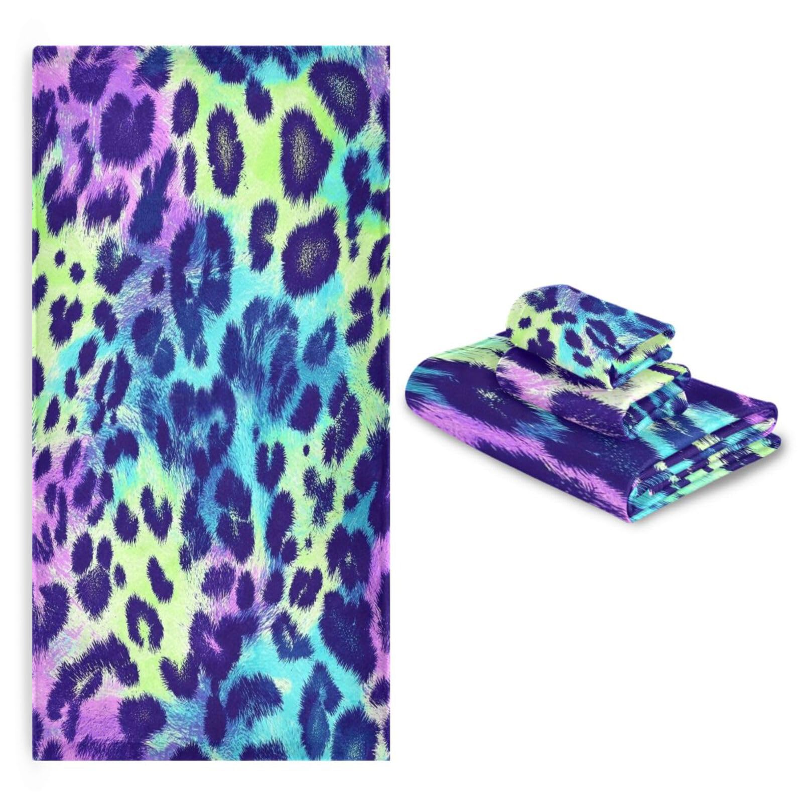 Set di 3 asciugamani colorati con stampa leopardata psichedelica decorativa, 1 asciugamano da bagno, 1 asciugamano per mani, 1 panno per spiaggia, capelli, viso, palestra, nuoto, cucina