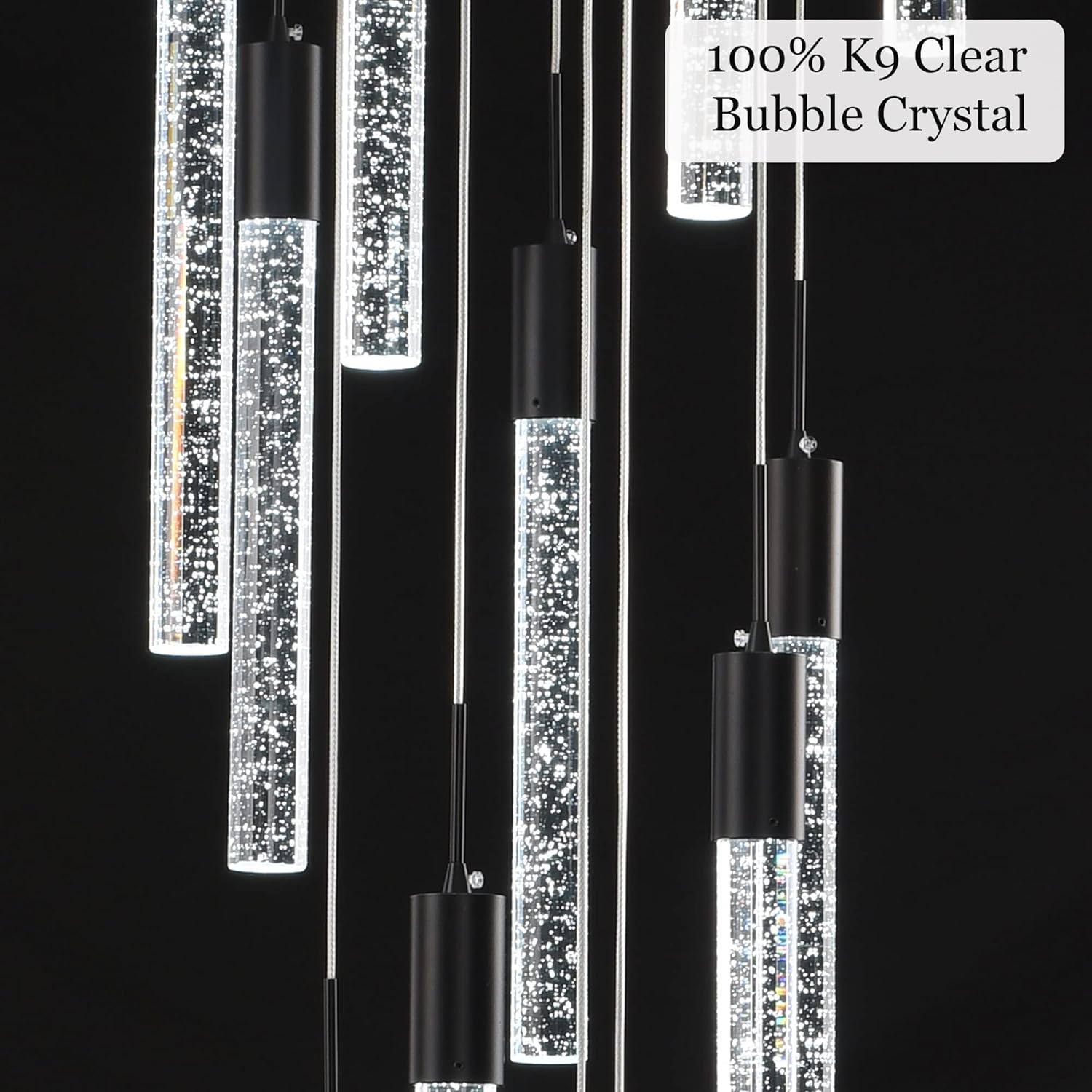 Modern High Ceiling Crystal Chandelier 12-Lights, Large Spiral LED Raindrop Foyer Pendant Lighting, Bubble Staircase Living Room Hanging Light Fixture Flush Mount Black