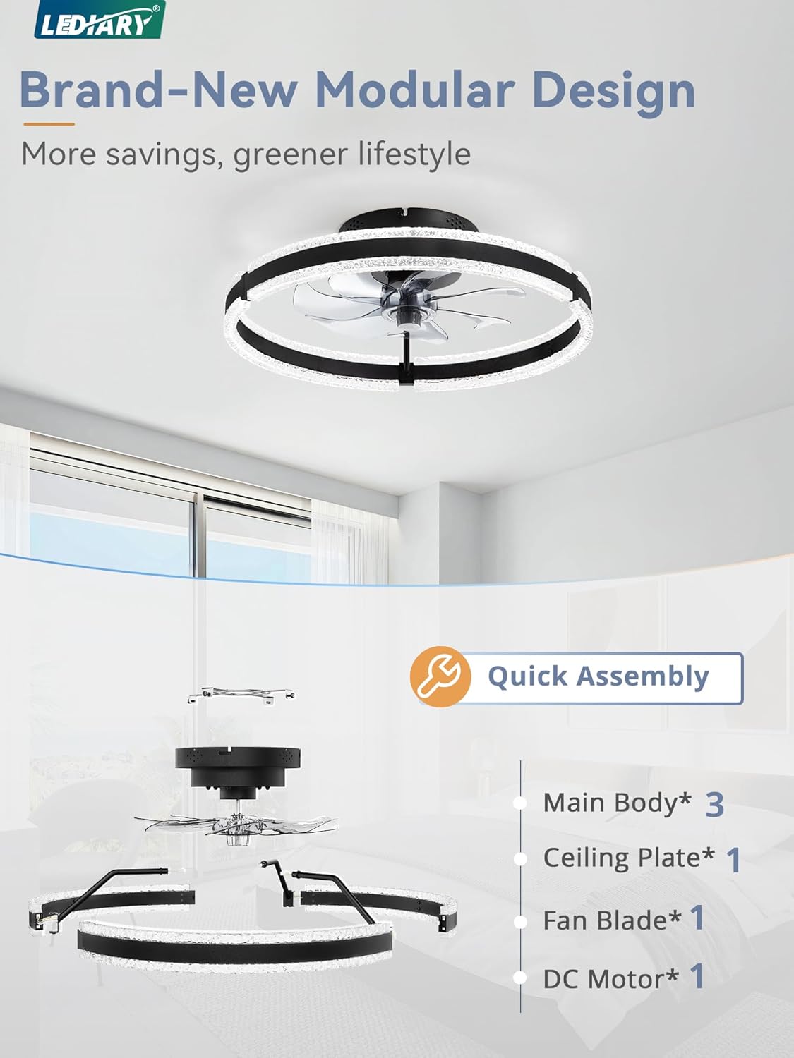 LEDIARY Ceiling Fans with Lights and Remote, 20'' Low Profile Ceiling Fan with Light, 3000-6000K Dimmable Fandelier Ceiling Fans, Modern Flush Mount Fan Light for Bedroom with 6 Wind Speeds- Black