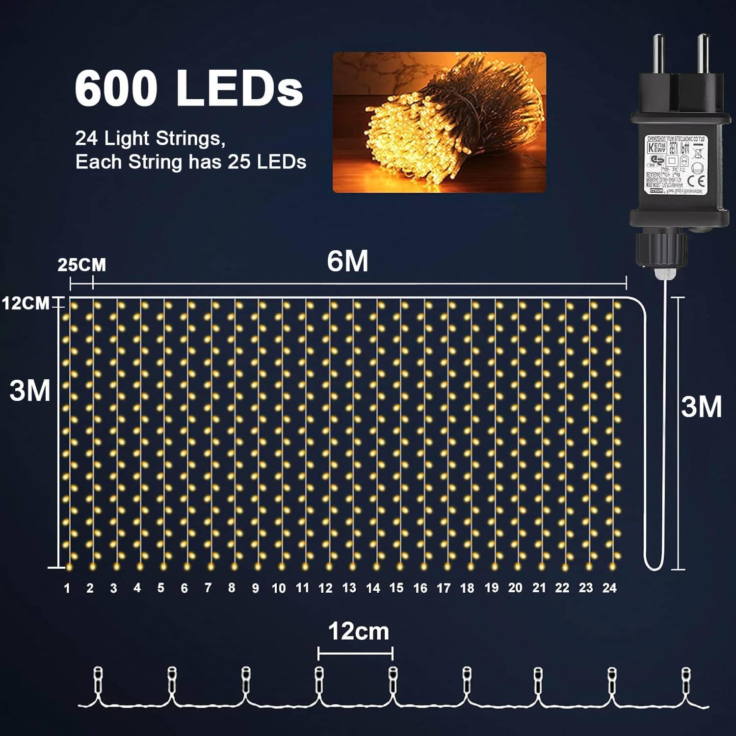Joycome Tenda Luminosa 2 Pezzi 600 LED Luci Natale Esterno Cascata, 6x3m Tenda Luci Impermeabilità IP65 con 8 Modalità, Addobbi Natalizi per Matrimoni, Feste, Giardino, Interni, Murali - Bianco Caldo