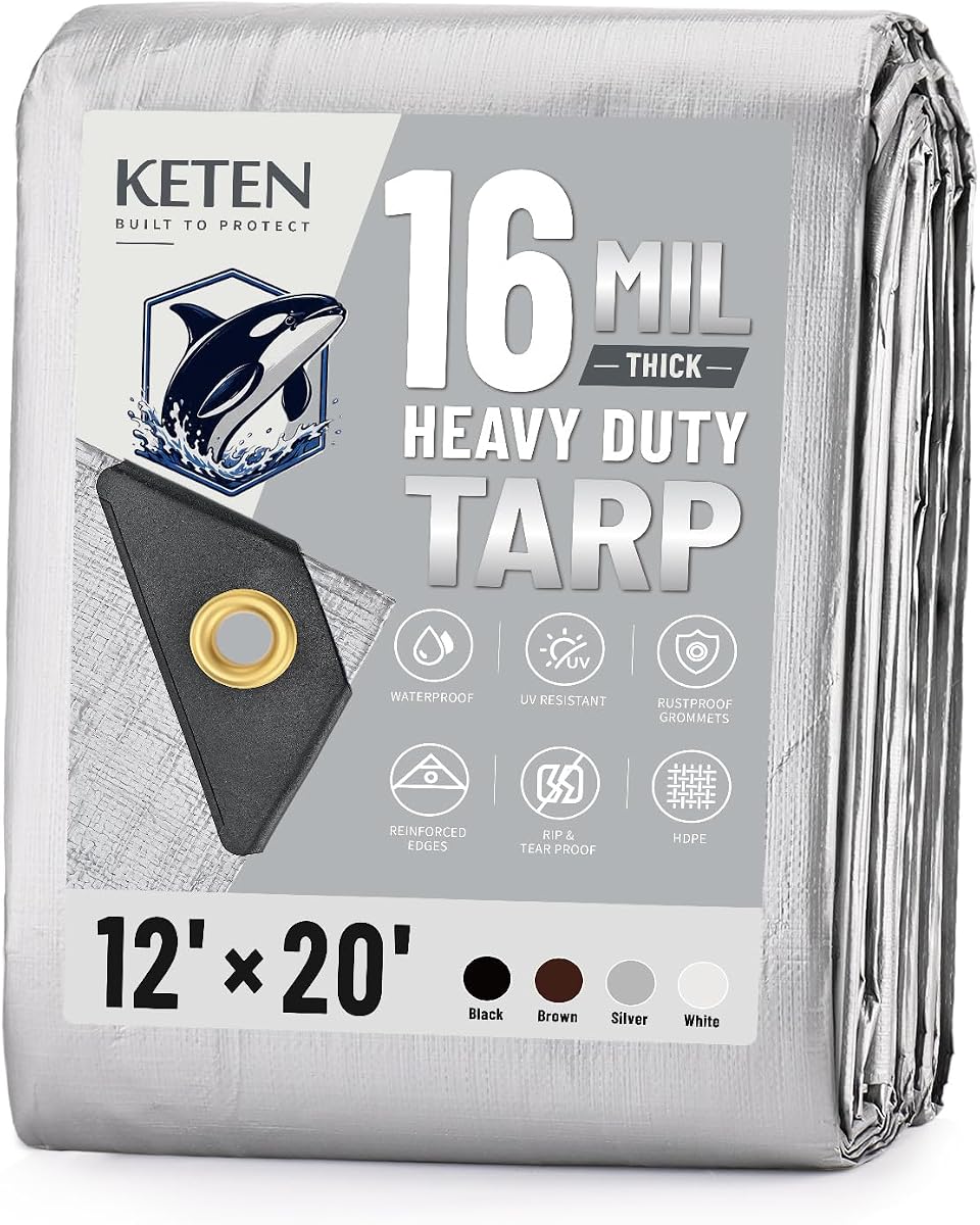 Keten Tarps Heavy Duty Waterproof 12x20 Feet, Extra Thick 16 Mil (Silver) | Tear & Fade Resistant, UV Blocking, Outdoor Tarp with Reinforced Grommets for Roof, Camping, Patio, Pool, Boat