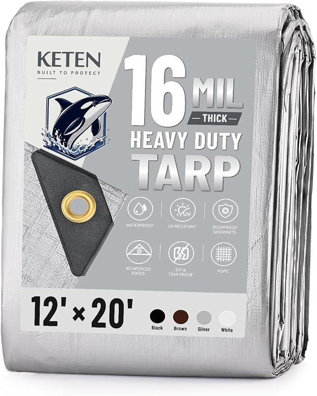 Keten Tarps Heavy Duty Waterproof 12x20 Feet, Extra Thick 16 Mil (Silver) | Tear & Fade Resistant, UV Blocking, Outdoor Tarp with Reinforced Grommets for Roof, Camping, Patio, Pool, Boat