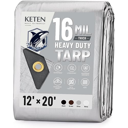 Keten Tarps Heavy Duty Waterproof 12x20 Feet, Extra Thick 16 Mil (Silver) | Tear & Fade Resistant, UV Blocking, Outdoor Tarp with Reinforced Grommets for Roof, Camping, Patio, Pool, Boat