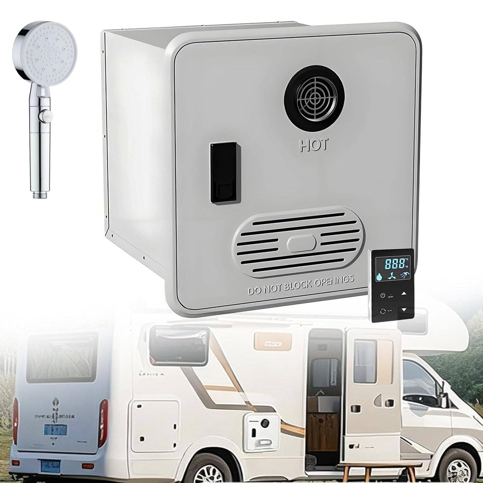 Camper Tankless Water Heater, On Demand RV Tankless Water Heater Propane, 55000 BTUs 3.9 GPM, DC 12V, 15 x 15 inch Door &amp; Front Water Outlet, Energy Saving &amp; Freeze Protection WithShowerHead-White