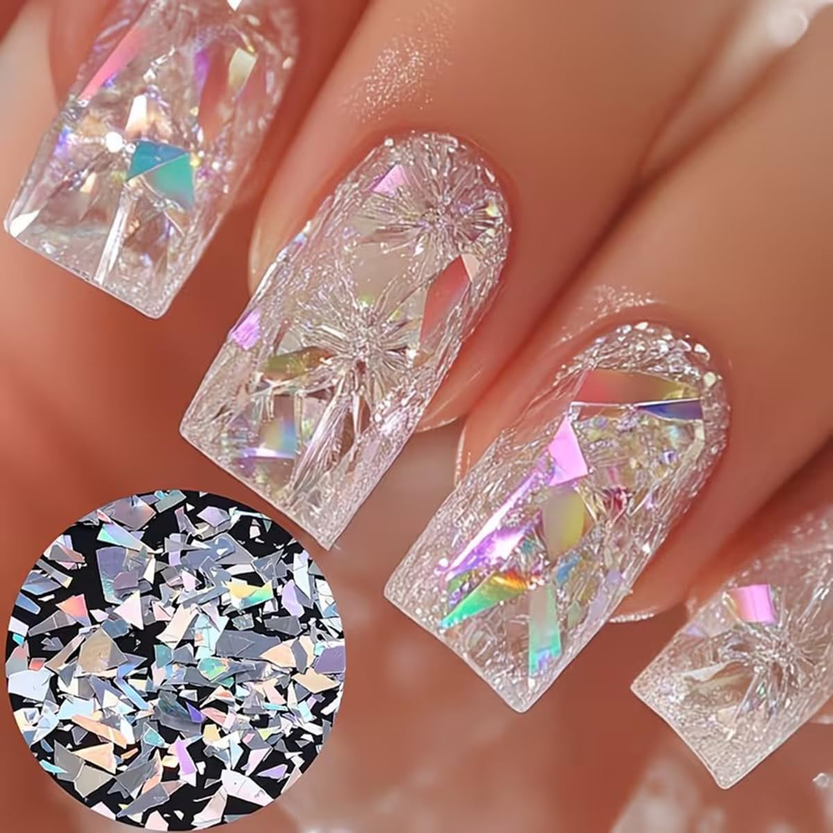 3D Nail Art Glitter Sequins 3D Holographic Iridescent Nail Art Flakes Laser Silver Irregular Nail Flake Nail Confetti Stickers 1Bag Sparkly Nail Tech Supplies for Women DIY Manicure Nail Decorations