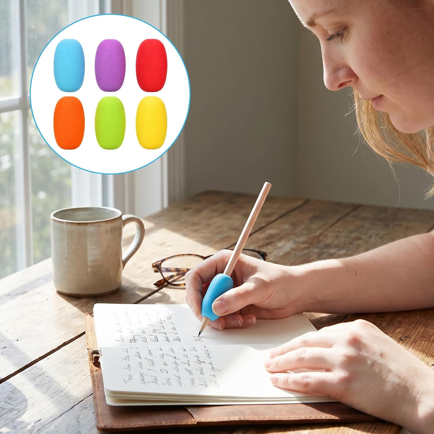 12 Pcs Pen Grips for Adults, Reusable Soft Pen Grip Round Colorful Pens Cushioned Holders Writing Tools Writing Aid for Handwriting, Drawing, Right or Left Handed Use