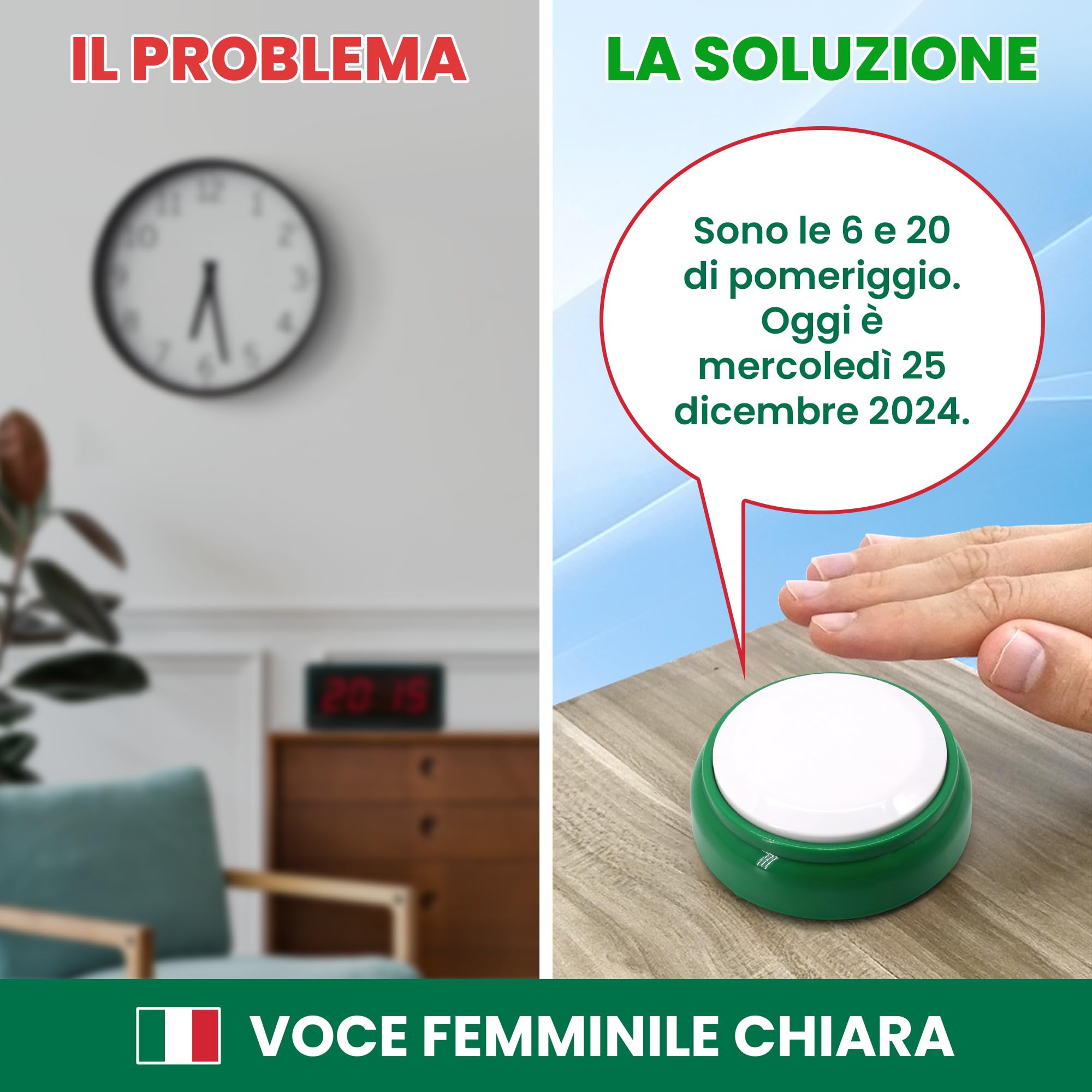 Orologio Parlante Formato 12 Ore - Più Facile da Capire - per Anziani, Ipovedenti, Ciechi, Malati di Alzheimer - Sveglia ad Alta Visibilità, Voce Italiana