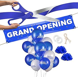 Deluxe Grand Opening Ribbon Cutting Ceremony Kit - 25" Giant Scissors with Blue Satin Ribbon, Banner, Bows, Balloons & More