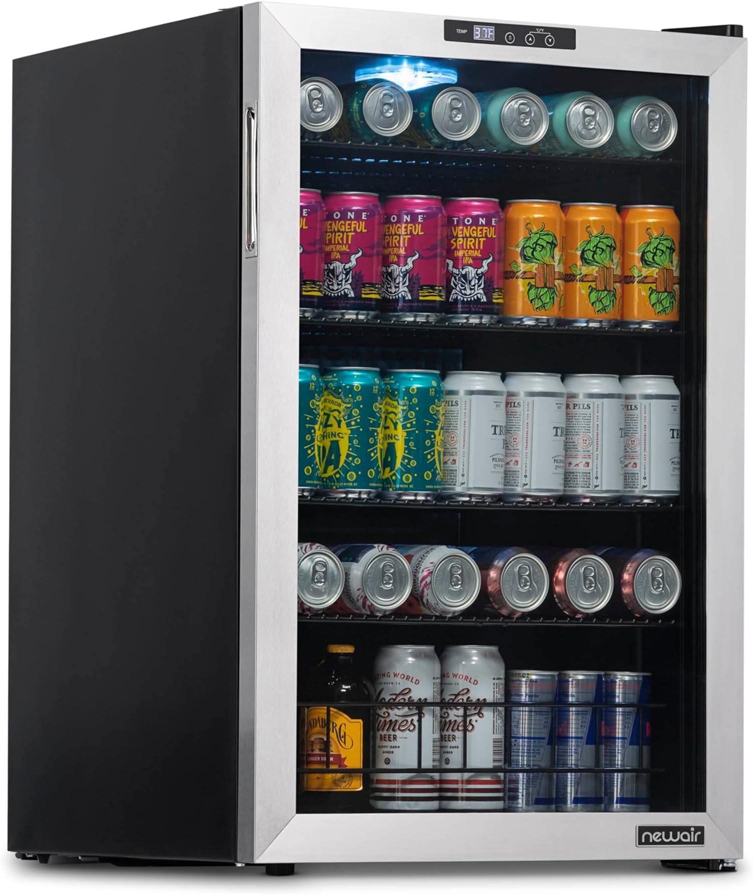 160 Can Beverage Refrigerator | Freestanding Small Mini Fridge for Bedroom, Home Bar or Living Room | SplitShelf Storage, Digital Thermostat & LED Light | Stainless Steel