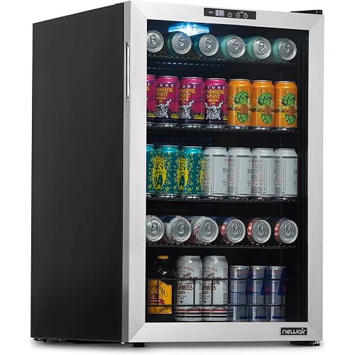NewAir 160 Can Beverage Refrigerator | Freestanding Small Mini Fridge for Bedroom, Home Bar or Living Room | SplitShelf Storage, Digital Thermostat & LED Light | Stainless Steel