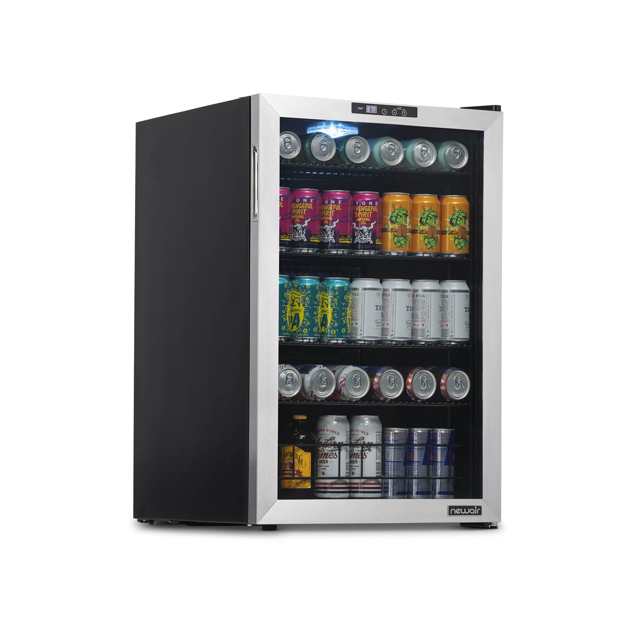 NewAir 160 Can Beverage Refrigerator | Freestanding Small Mini Fridge for Bedroom, Home Bar or Living Room | SplitShelf Storage, Digital Thermostat & LED Light | Stainless Steel | Fridge.com