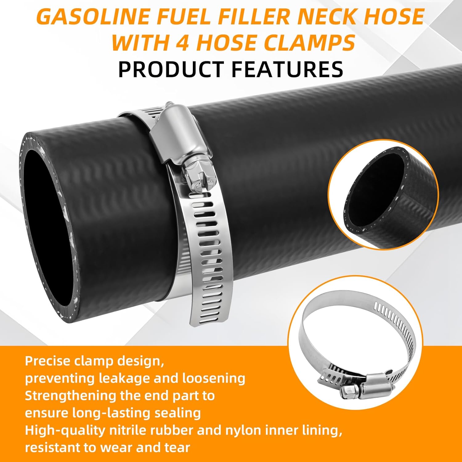1.75 ID Gasoline Fuel Filler Neck Hose with 2 Clamps, Reinforced Gas Tank Filler Hose 15 7/8" Length