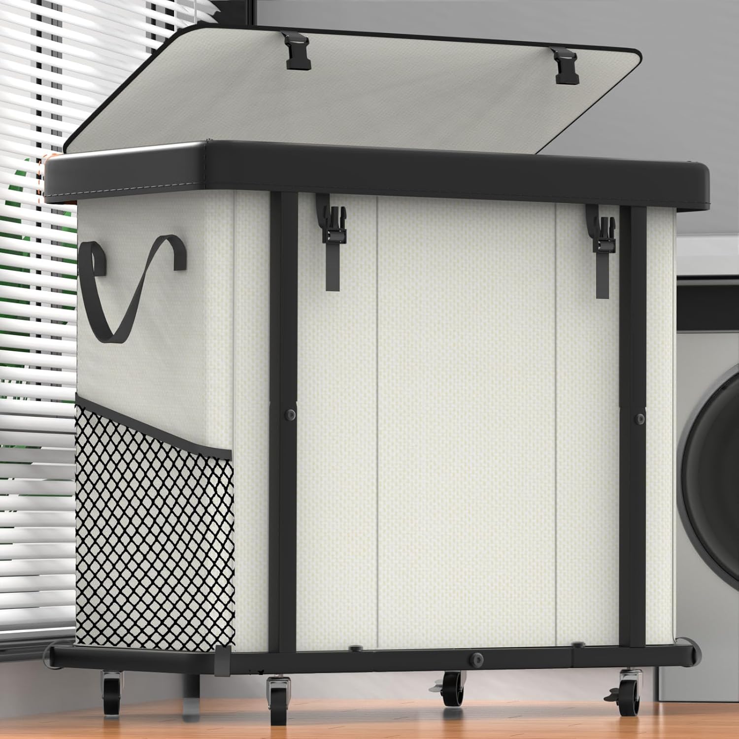 230L (60 Gal) Large Fashion Laundry Basket with Wheels, Leather Patchwork Laundry Sorter 3 Section, Sturdy Metal Frame, Removable Washable Bag, Tall Clothes Sorter for Bedroom - Beige