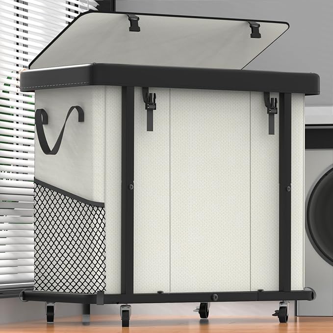 230L (60 Gal) Large Fashion Laundry Basket with Wheels, Leather Patchwork Laundry Sorter 3 Section, Sturdy Metal Frame, Removable Washable Bag, Tall Clothes Sorter for Bedroom - Black