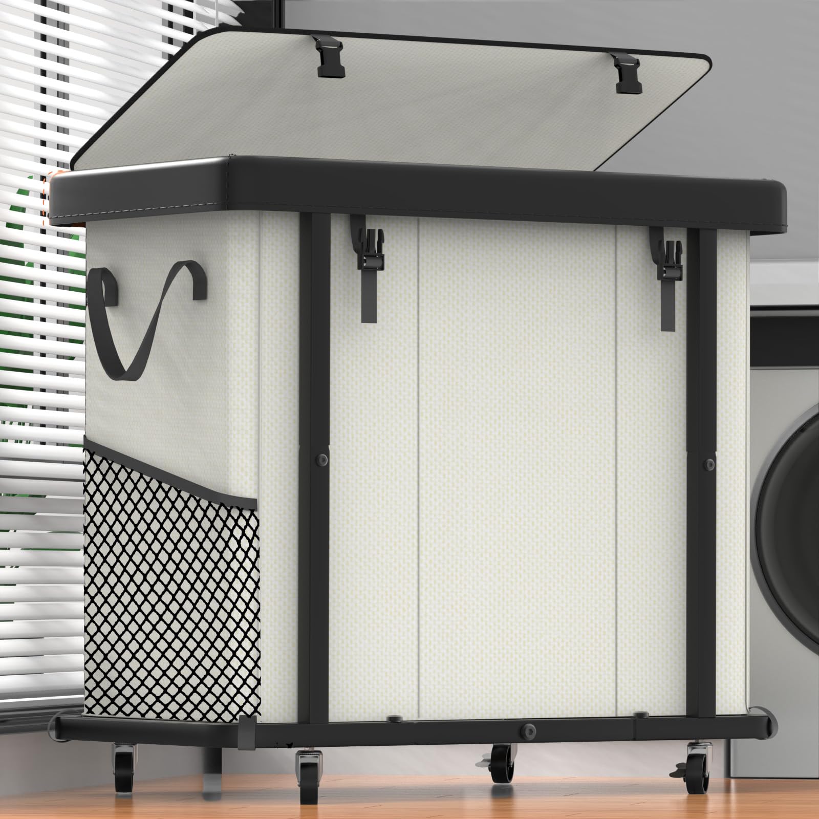 230L (60 Gal) Large Fashion Laundry Basket with Wheels, Leather Patchwork Laundry Sorter 3 Section, Sturdy Metal Frame, Removable Washable Bag, Tall Clothes Sorter for Bedroom - Beige