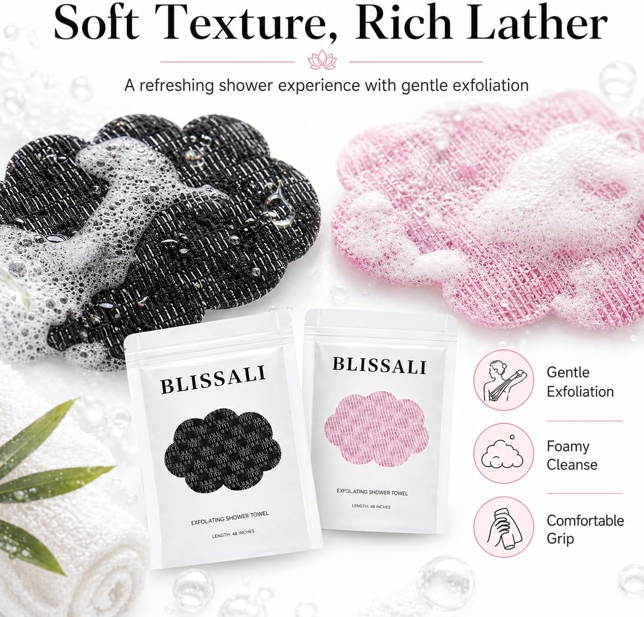 Blissal Exfoliating Shower Towel: Deeply exfoliates, Soft, Gentle, and Quick-Drying Body Scrub Towels, Suitable for All Skin Types, 2pc.
