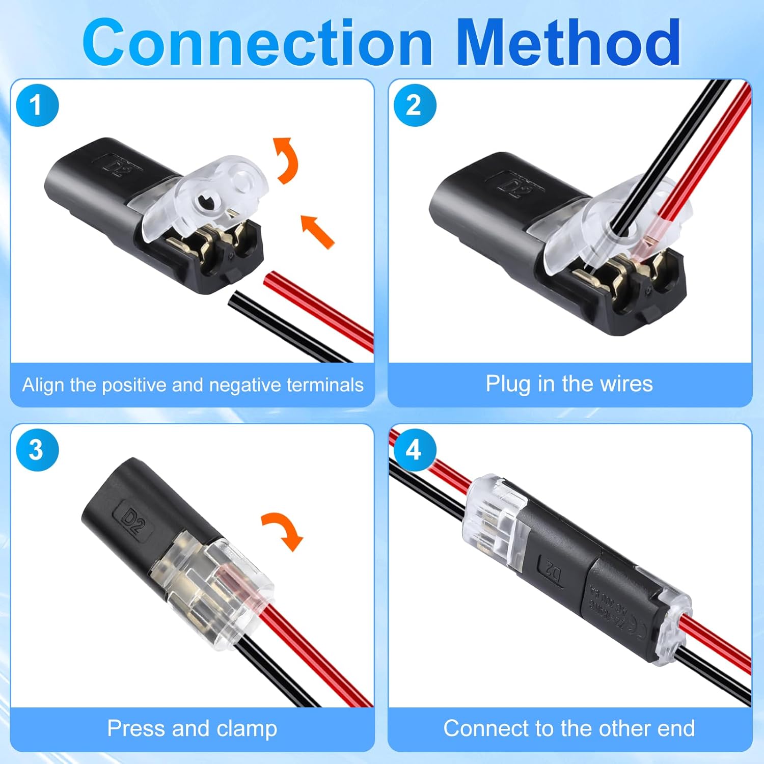 50Pcs Low Voltage Wire Connectors, Double Wire Plug in Connector, 2 Pin Solderless Wire Connector, LED Light Strip Connectors, Quick Disconnect and Connect for Home＆Lighting Projects