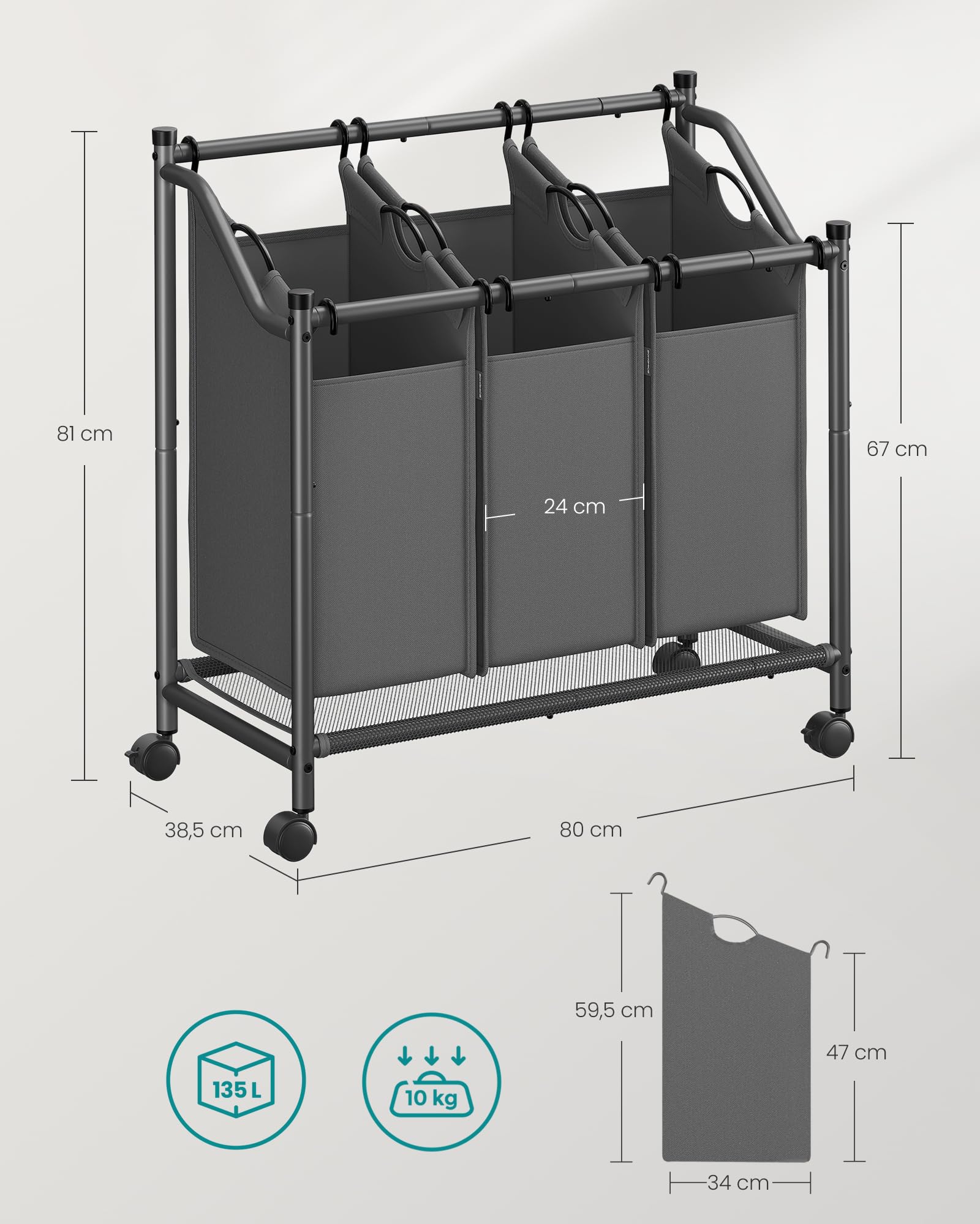 SONGMICS Carrello Portabiancheria, Cesto Porta Biancheria con 3 Sacchi Rimovibili, Carrello per Lavanderia, Camera da Letto, Bagno, 3 x 45 L, Grigio Ardesia RLS102G01