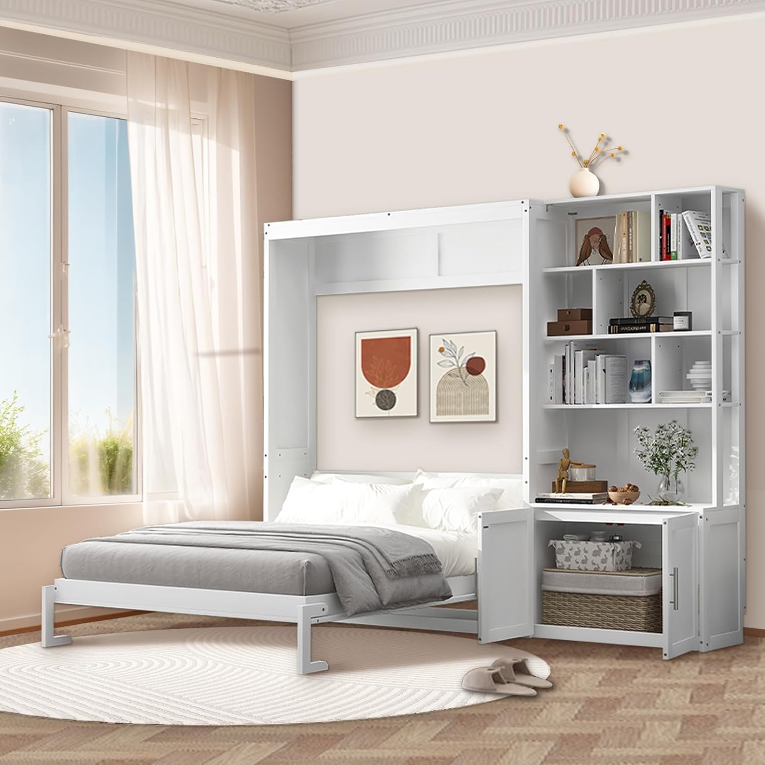 Full Size Murphy Bed, Wood Full Murphy Bed with Multiple Storage Shelves and A Cabinet, Foldable Hidden Wall Platform Bedframe Chest,Modern Wall Bed for Guest Room, Study, Office, White