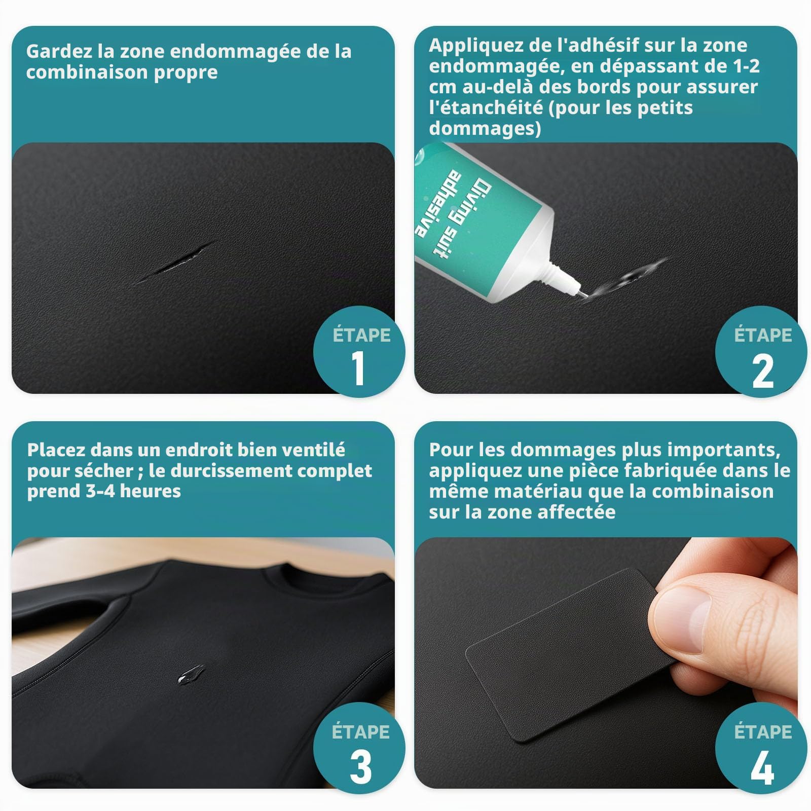 Kit de réparation en néoprène de 120 g, résistant à l'eau salée et aux étirements répétés, spécialement conçu pour la réparation des cuissardes, combinaisons en néoprène, bateaux gonflables en PVC