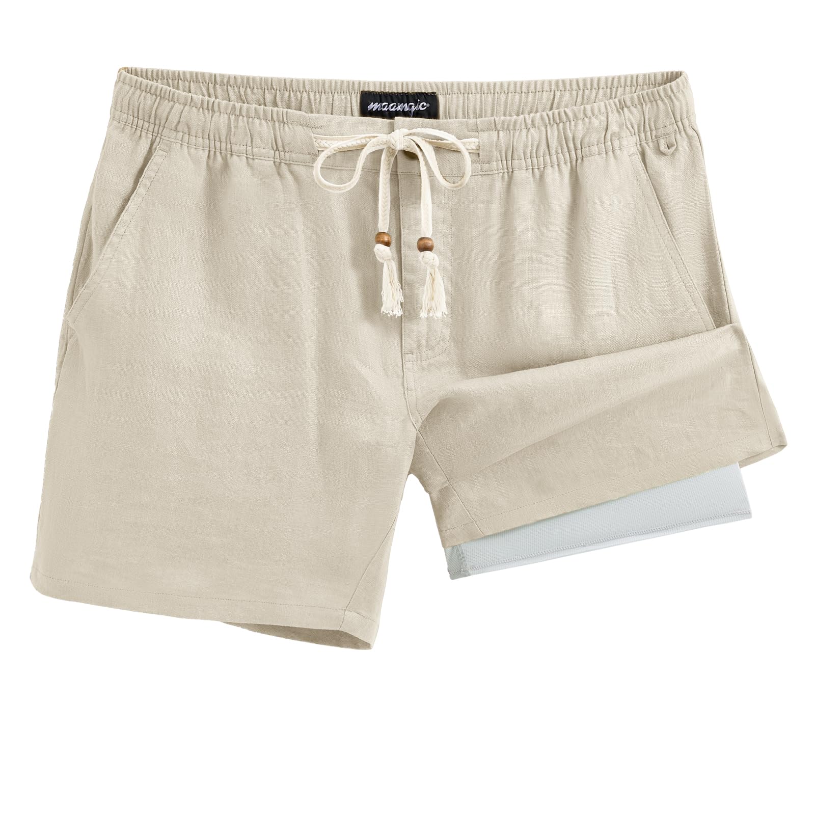 MaaMgic Kurze Hosen Herren Leinenhose 2-in-1mit Kompressions-Inlay, 100% Leinen Atmungsaktive mit Taschen für Herren, Leichte Reisepackbare Urlaub Shorts mit Handytasche für Männer für Urlaub, Strand