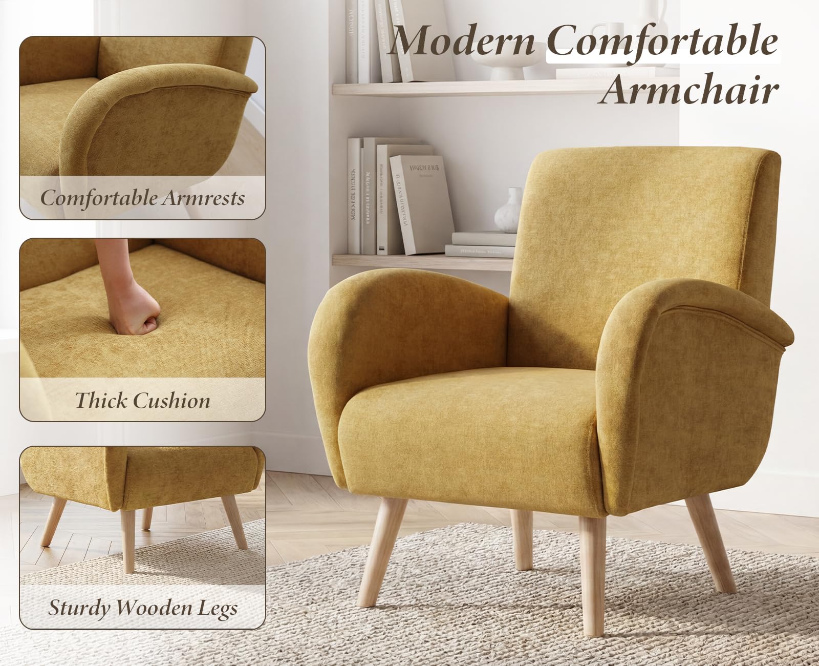 Ya-Home Sessel Wohnzimmer Loungesessel aus Chenille Polstersessel mit Holzbeinen, Clubsessel Sofa für Wohnzimmer/Schlafzimmer, Gelb