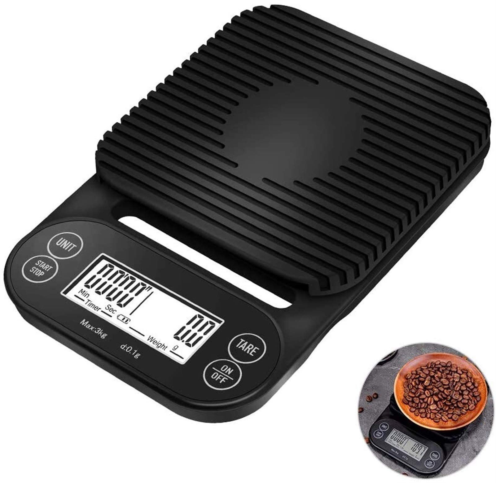 MRKU Balance à café numérique, Balance de Cuisine avec minuterie, Affichage LED, Multifonction, pour la Cuisson des Aliments, Balance Professionnelle, précision 3000 g, 0,1 g/0,1 oz/0,1 ML