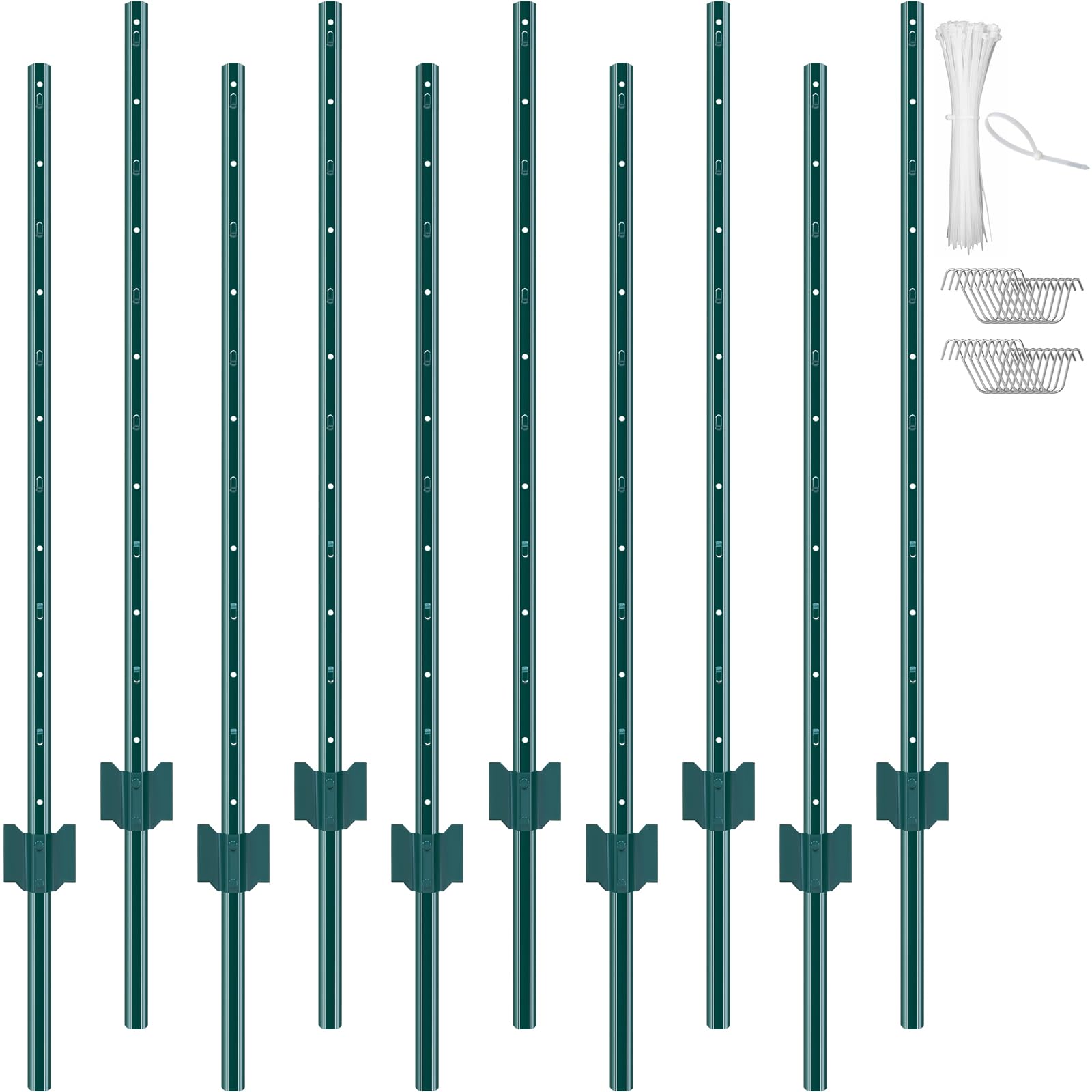 vevor 4 feet fence post, 10 pack u-channel heavy duty metal fence posts with 20 zip ties & 20 clips, sturdy steel fence stakes for garden yard, lawn, farms and outdoor wire fencing, green