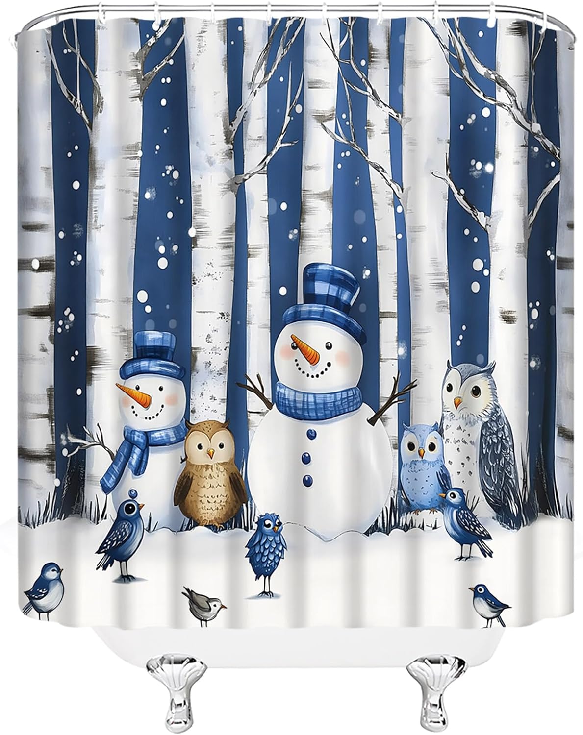 Christmas Snowman Shower Curtain Cute Snowman Owl Snowy Forest Xmas Watercolor Winter Holiday Fabric Bathroom Decor Curtains with Hooks,Blue Gray