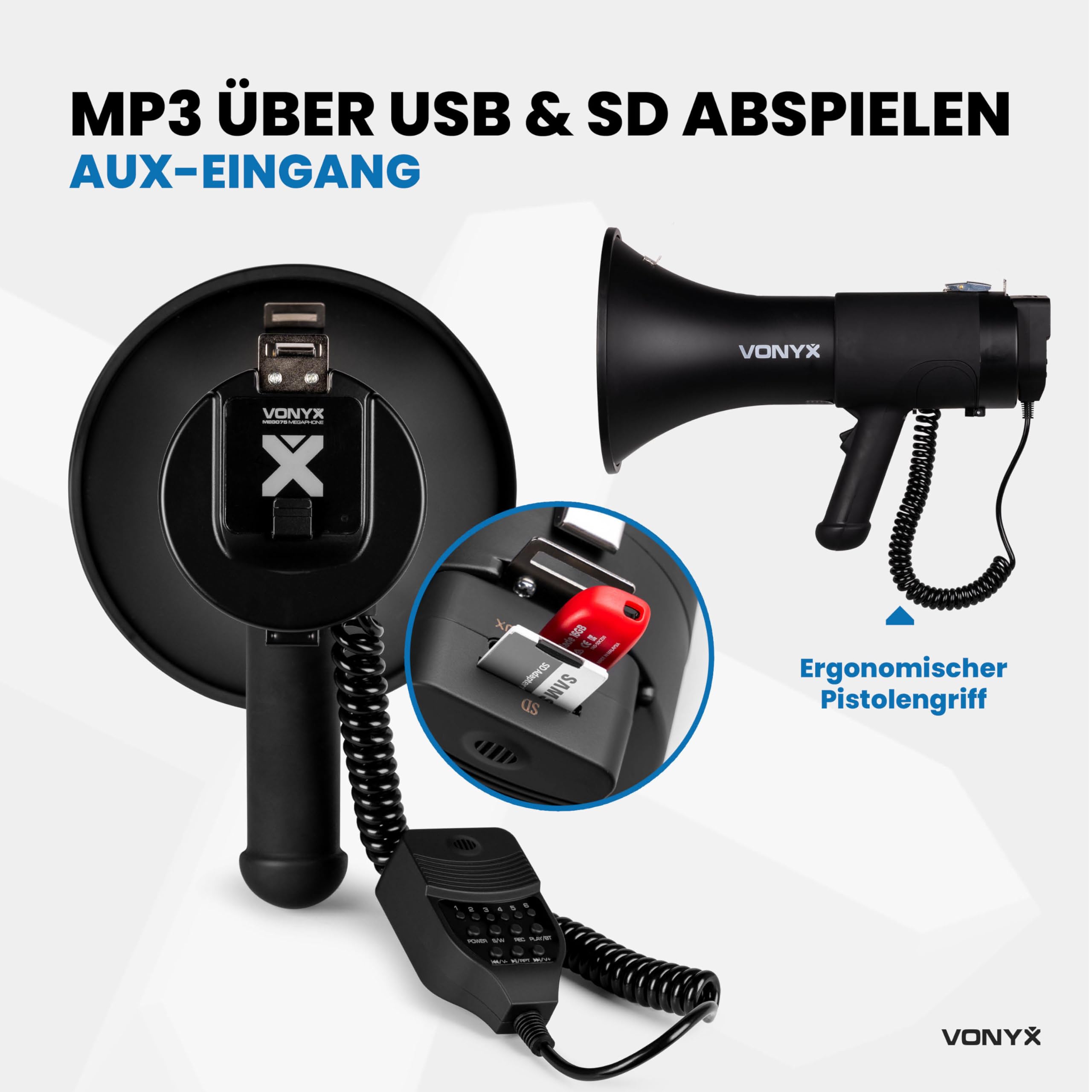Vonyx MEG075 - Akku Megafon mit Sirene und Mikrofon, Bluetooth, Aufnahmefunktion, Leistungsstarkes 75W Megaphon mit Mikrofon, bis 1300 Meter, USB, SD, MP3 & AUX, Megaphon mit Umhänge-Gurt, Schwarz