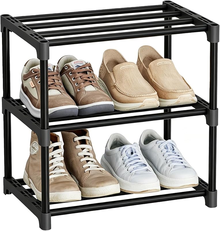Standard Shoe Rack 3-Tier 17 Inches Wide, Free Standing Shoe Organizer Shelf Ideal for Home Entryway Closet & Garage Balcony | Black