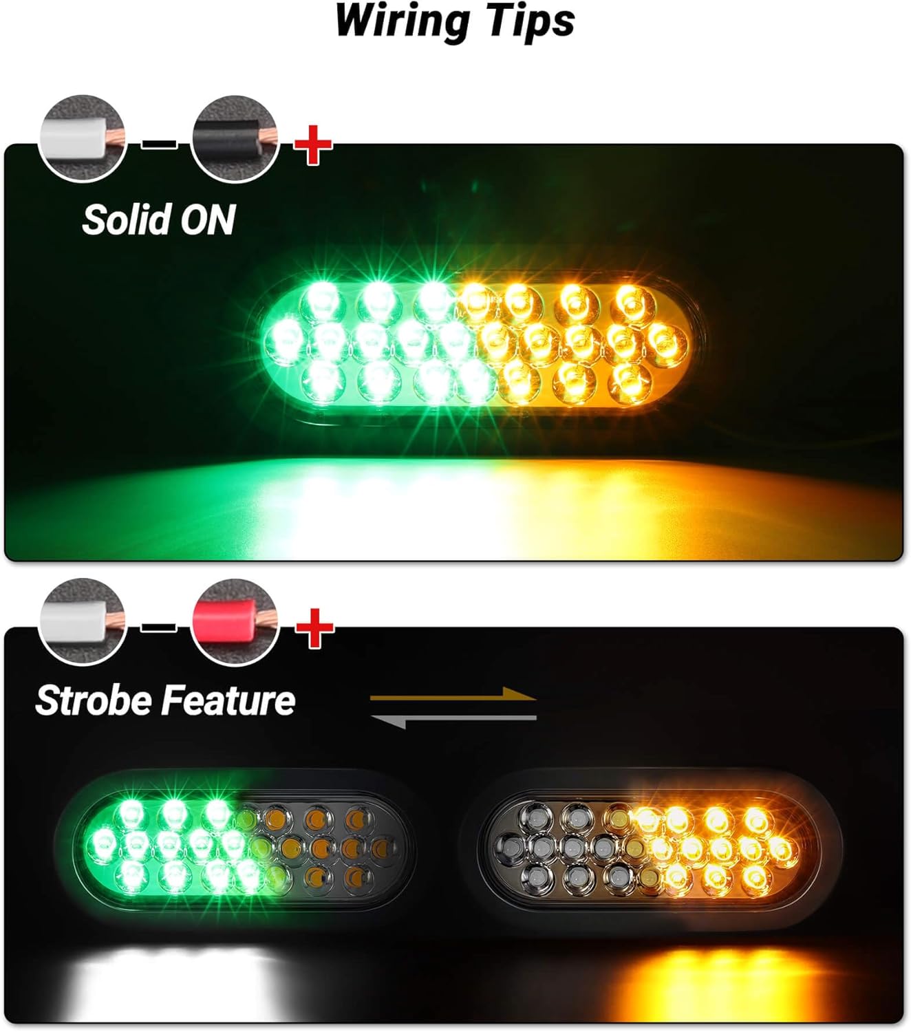 6.3" Oval Amber/Green Strobe Lights 24LEDs Recessed Mount w/Flash Patterns for Trailer Truck Towing Lights IP67 Waterproof with 3-prong Wire Pigtails and Rubber Grommets 4Pcs