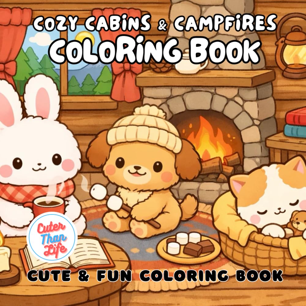 Cozy Cabins & Campfires Coloring Book: 40 Images | 8.5x8.5 | Calm, Kawaii, Camping, Fishing, Outdoors, Woods, Forest, Cottagecore | Mindful Coloring ... and Seniors (CuterThanLife Coloring Books)