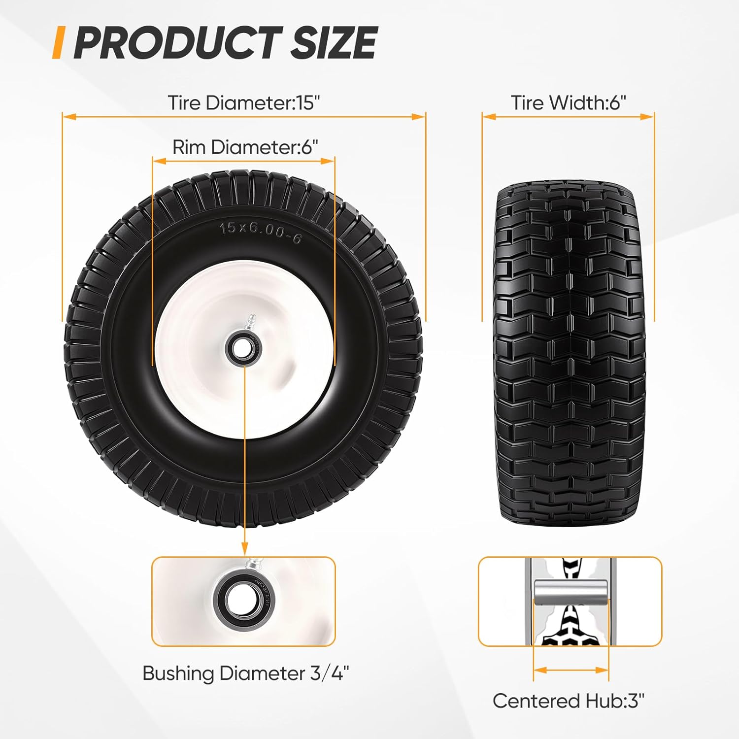 15x6.00-6 Flat Free Lawn Mower Tire and Wheel, 15x6-6nhs Riding Mowers Lawn Tire and Wheel with 3/4" & 5/8" Bearing, 3" Centered Hub, 2 Pack