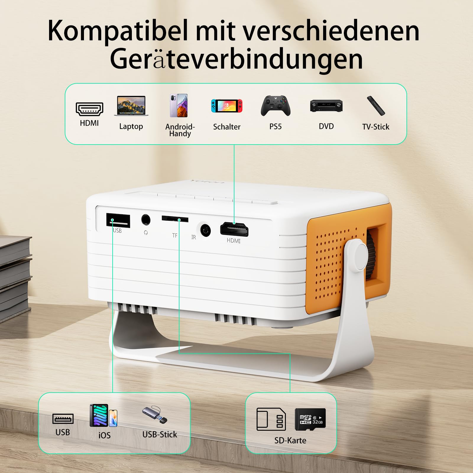 YOTON Mini Beamer Klein[180°Drehung & Auto Keystone] New Y3 Mini Projektor 1080P Unterstützt 15000L, 50% Zoom Tragbarer Beamer für Heimkino Schlafzimmer Kompatibel mit HDMI/USB/Phone/PS5/TV Stick