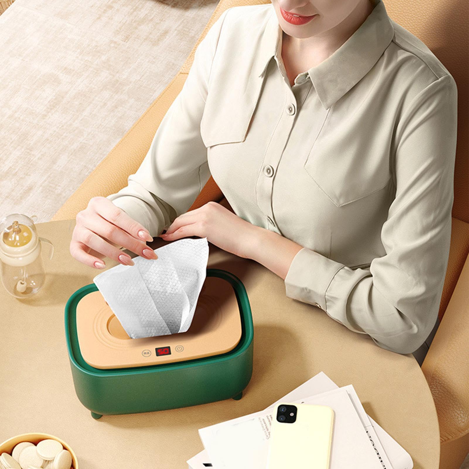 Chauffe-Lingettes Bébé,Dispensateur De Lingettes Pour Couches Bébé Enfant En Bas Âge | Recharge USB, Accessoire Bébé Portable Avec Lumière Pour Voyage Maison Chambre Nursery