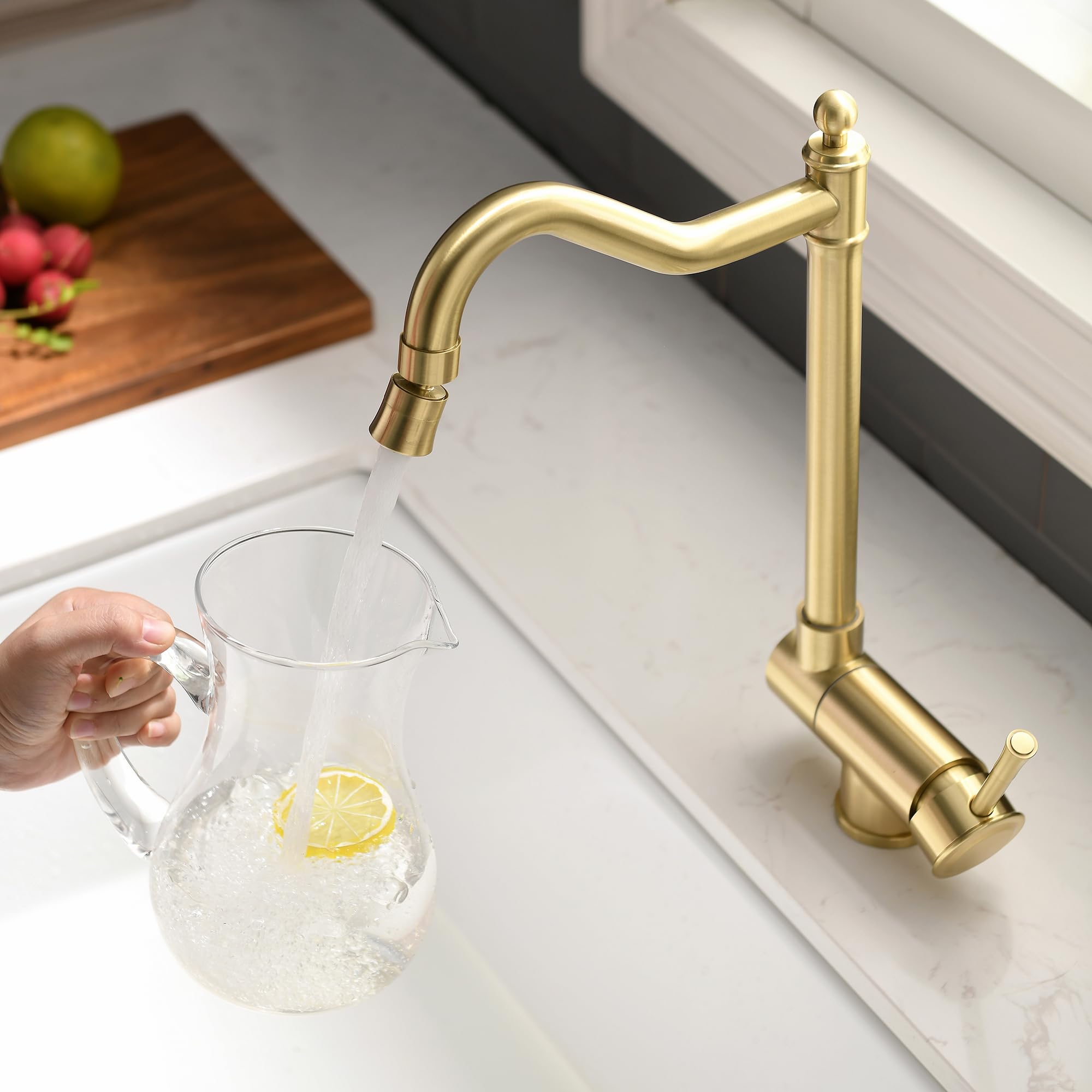 Grifo Cocina Abatible oro cepillado, Grifo Abatible Cocina 2 Modos De Descarga De Agua,Grifo De Fregadero Plegable, Grifo Monomando Bajo Ventana De Acero Inoxidable 304 oro cepillado