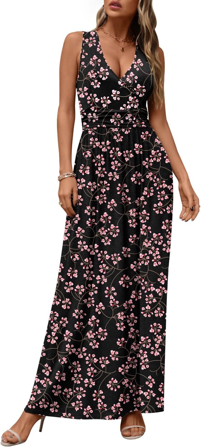 CATHY Women's Casual Sleeveless Deep V Neck Beach Waist Maxi Dresses with Pockets