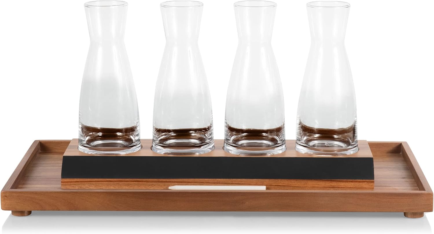 LEGACY - a Picnic Time brand Cava Serving Tray and 4 Glass Carafes, Mimosa Bar Kit, Wine Flight Tasting Set, (Acacia Wood)