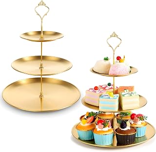 SHENLIU 2Pcs 3 Tier Gold Metal Cupcake Stand, Stainless Steel Tiered Dessert Stand Round Shape Dessert Serving Tray Cookie Candy Buffet Stands for Tea Party, Baby Shower, Wedding, Birthday, Christmas