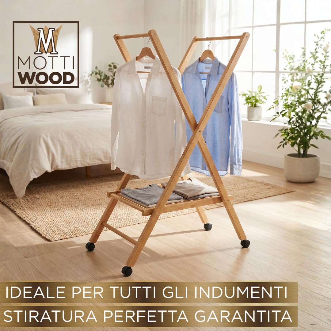 Stira & Perchero, carro perchero plegable y ahorra espacio, 100% madera de haya, ruedas multidireccionales, 62,49 x 122 cm, perchero de hombre, fabricado en Italia
